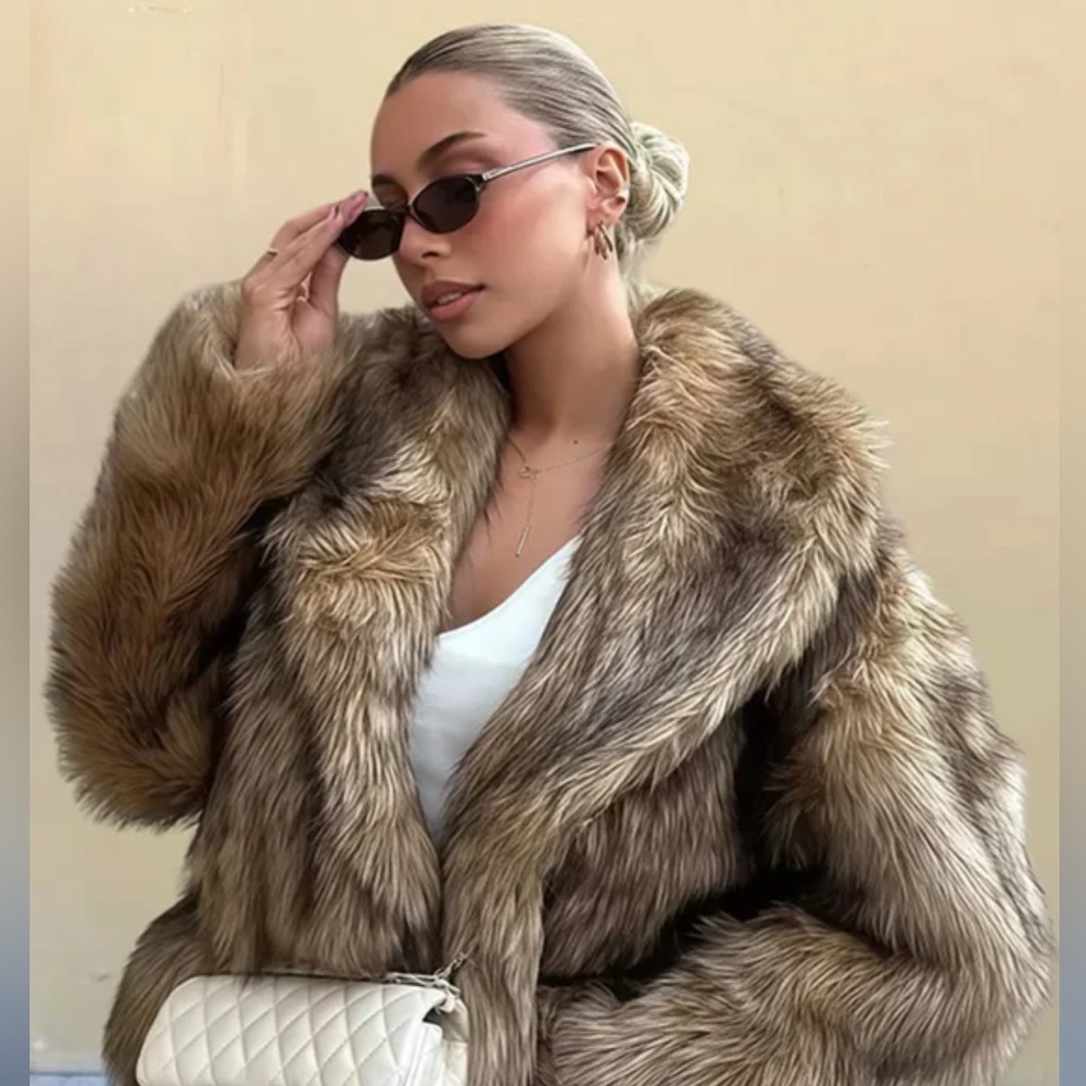 Zara Tan/Brown Faux Fur Long Coat XS-S